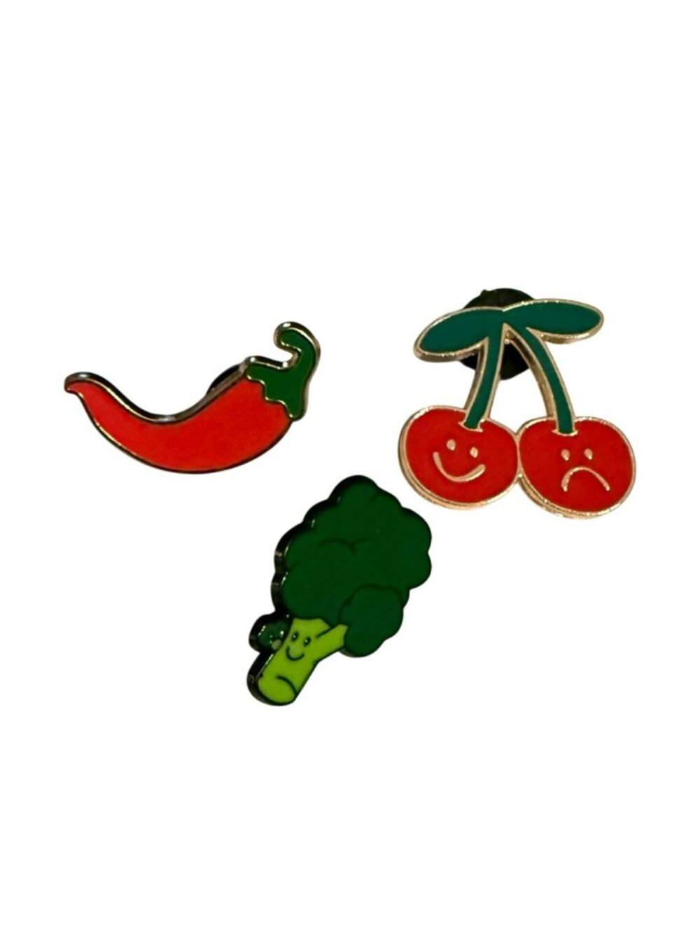 Set Of 3 Fun Food-Themed Enamel Pins: Chili Pepper Happy Broccoli & Cherries